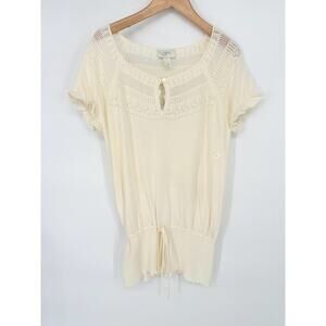 Loft Short Sleeve Knit Top Drawstring Waist Small Cream Crochet Boho Minimalist‎